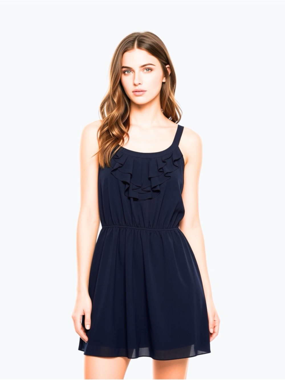 Express Black Ruffle-Front Sleeveless Dress Elastic Waist, Cinched